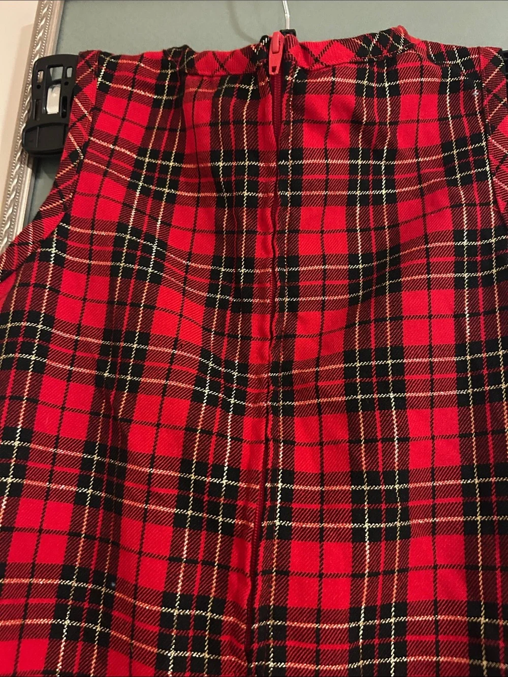 Basic Editions Red Black Plaid Sleeveless Holiday Dress with Velvet Bow